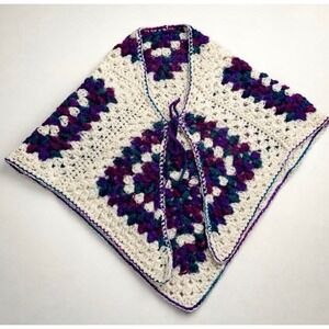 Vintage Crochet Granny Square Poncho Purple Teal Boho Cottagecore Fairycore Y2K
